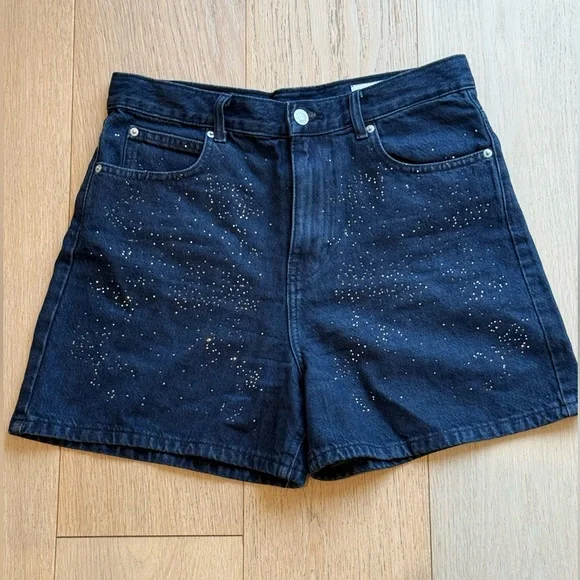 ZARA Rhinestone Studded Denim Shorts BNWT Dark Wash Size 6 Sparkle - Picture 1 of 7